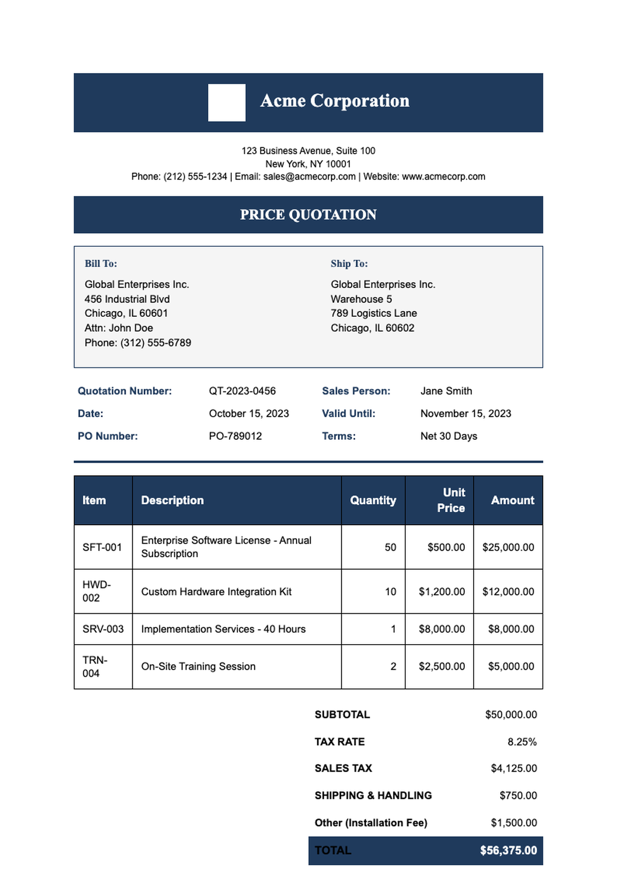 Professional sales quote invoice with blue header and itemized totals_variant_3